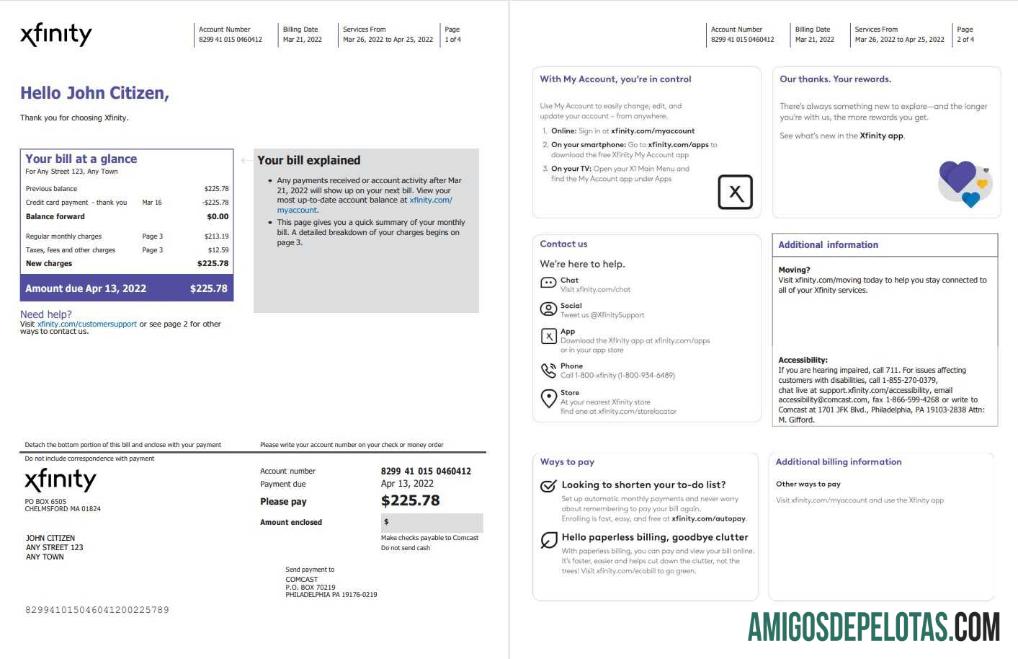 Para baixar modelo Word e PDF de conta de serviços públicos Filadélfia Xfinity dos EUA, 4 páginas 1 2
